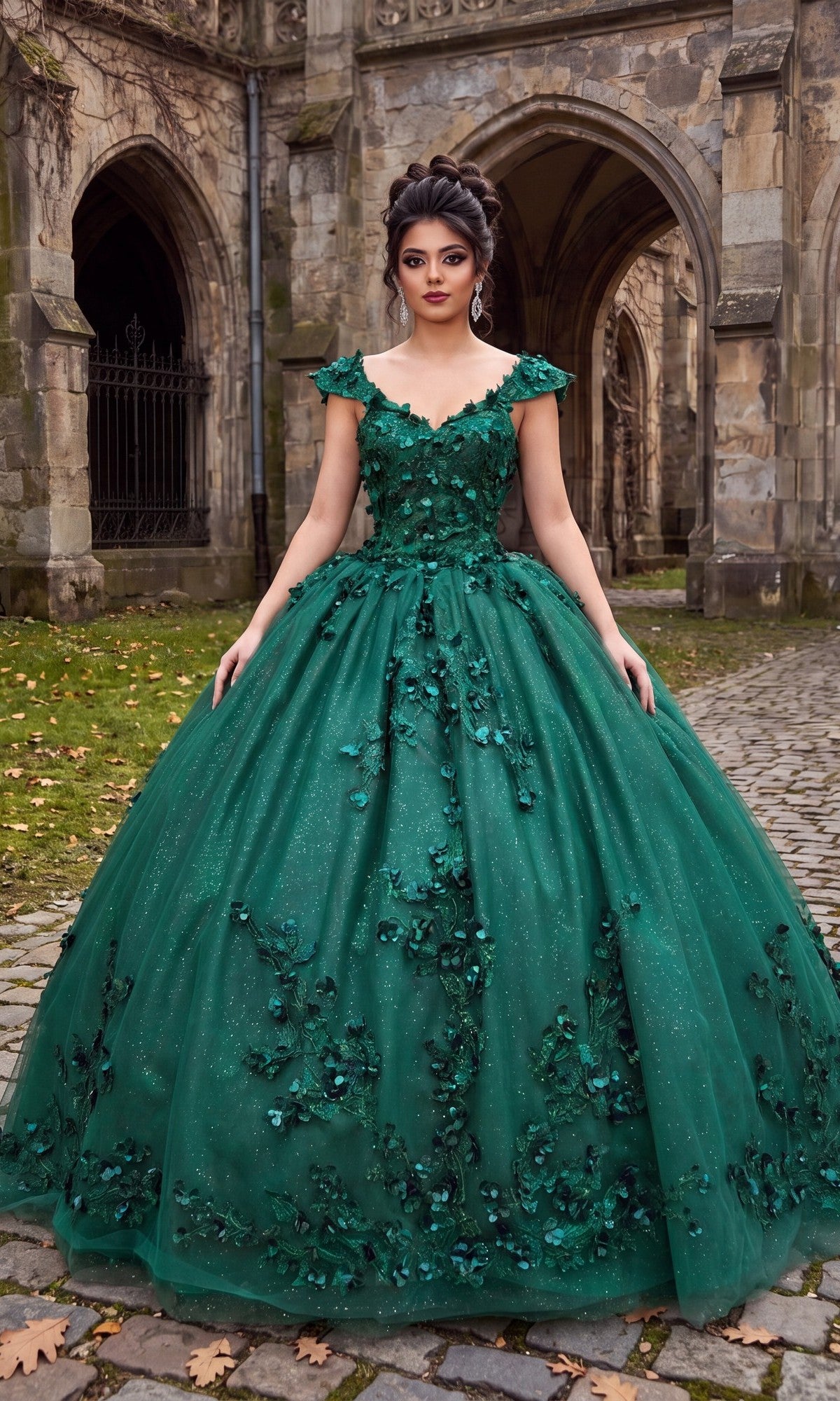 Wearing the Quinceanera Dress CHF3074 by Chicas in green, a woman stands on a cobblestone path outside a stone building with arched doorways, showcasing its detailed floral appliqués and intricate lace embroidery.